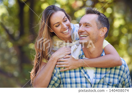 Love, embrace and couple with smile in park for summer romance, trees and fun outdoor date. Relax, mature man and happy woman in garden with morning sunshine, hug and marriage bonding in nature. 140408074