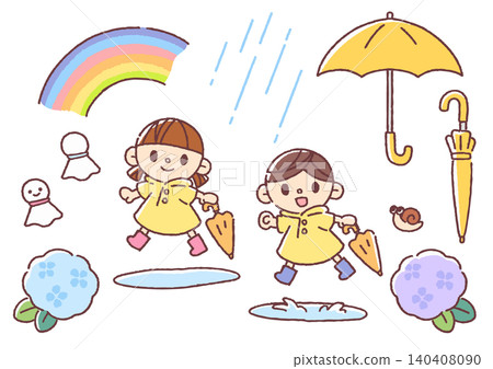 一組簡單可愛的雨季和兒童插圖，可以組合使用。 140408090