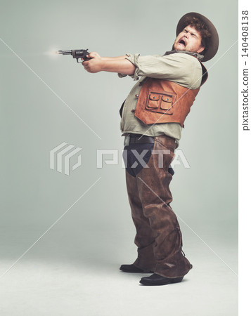 Cowboy, man and shooting gun in studio, pistol or western fight isolated on a white background mockup space. Plus size, funny criminal and person with revolver, scared or screaming with fear in Texas Cowboy, man and shooting gun in studio, pistol or western fight isolated on a white background mockup space. Plus size, funny criminal and person with revolver, scared or screaming with fear in Texas 140408138