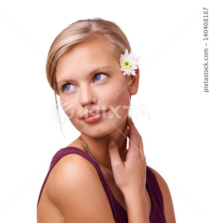 Studio, young woman and thinking with flower by white background for natural skincare with botanicals. Model, cosmetology or inspiration with daisy for stress relief or spa wellness with floral plant Studio, young woman and thinking with flower by white background for natural skincare with botanicals. Model, cosmetology or inspiration with daisy for stress relief or spa wellness with floral plant 140408187