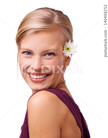 Flowers, smile and portrait of woman on a white background for skincare, wellness and spa aesthetic. Beauty, attractive and isolated person with floral, bloom or plant for natural cosmetics in studio 140408252