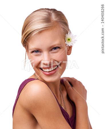 Flower, beauty and portrait of woman on a white background for skincare, wellness and aesthetic. Happy, attractive and isolated person with floral, bloom or plant for natural cosmetics in studio Flower, beauty and portrait of woman on a white background for skincare, wellness and aesthetic. Happy, attractive and isolated person with floral, bloom or plant for natural cosmetics in studio 140408266