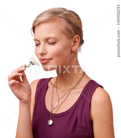 Studio, woman and smelling a daisy by white background and scent of perfume of natural botanicals. Model, idea and creative inspiration with flower for stress relief and closed eyes with floral plant Studio, woman and smelling a daisy by white background and scent of perfume of natural botanicals. Model, idea and creative inspiration with flower for stress relief and closed eyes with floral plant 140408295