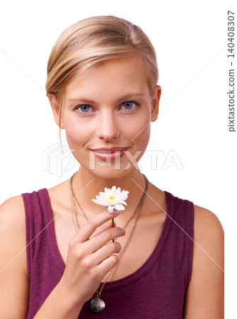Studio, woman and portrait of daisy by white background and scent of perfume of natural botanicals. Model, face and creative inspiration with flower for stress relief and wellness with floral plant Studio, woman and portrait of daisy by white background and scent of perfume of natural botanicals. Model, face and creative inspiration with flower for stress relief and wellness with floral plant 140408307