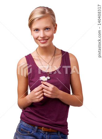 Studio, woman and portrait with daisy by white background and happy for spring season with flower. Model, face and positive for floral plant and botanical gift for symbol of new beginning or love Studio, woman and portrait with daisy by white background and happy for spring season with flower. Model, face and positive for floral plant and botanical gift for symbol of new beginning or love 140408317