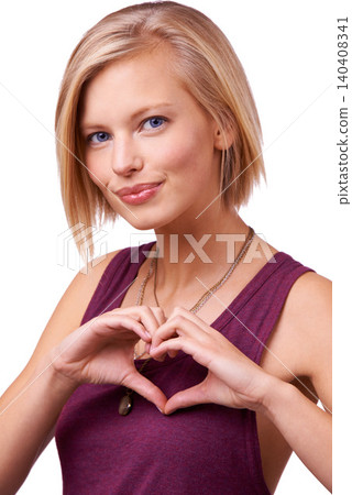 Happy woman, portrait and face with heart hands for love, support or care on a white studio background. Young female person, blonde or model with smile, like emoji or shape sign for romantic gesture 140408341