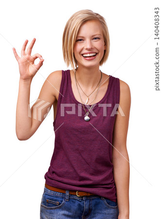 Happy woman, portrait and good job with ok emoji for well done or perfection on a white studio background. Female person, blonde or model with smile, like or yes sign for spot on, correct or precise Happy woman, portrait and good job with ok emoji for well done or perfection on a white studio background. Female person, blonde or model with smile, like or yes sign for spot on, correct or precise 140408343