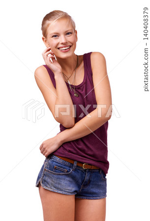Fashion, happy and portrait of woman on a white background in trendy clothes, summer style and casual outfit. Stylish, humor and isolated person smile with confidence, beauty and pride in studio Fashion, happy and portrait of woman on a white background in trendy clothes, summer style and casual outfit. Stylish, humor and isolated person smile with confidence, beauty and pride in studio 140408379