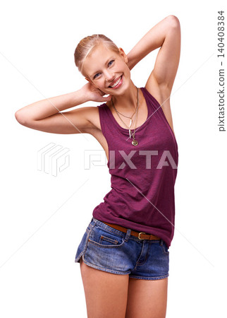 Portrait, gen z and fashion with excited, style and smile on isolated white background. Female model person, confident and trendy outfit for young American, fashionable and happy in studio Portrait, gen z and fashion with excited, style and smile on isolated white background. Female model person, confident and trendy outfit for young American, fashionable and happy in studio 140408384