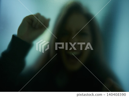 Scary, scream and woman with hand on glass, window or person trapped in home. Girl, shadow and figure in horror, drama or creepy aesthetic with angry shouting from terror in house with fog on screen Scary, scream and woman with hand on glass, window or person trapped in home. Girl, shadow and figure in horror, drama or creepy aesthetic with angry shouting from terror in house with fog on screen 140408390