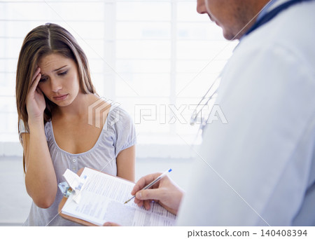 Doctor, woman and consultation or paperwork for sick diagnosis checklist or results, headache or virus. Patient, healthcare worker and document in hospital or migraine prescription, test or treatment Doctor, woman and consultation or paperwork for sick diagnosis checklist or results, headache or virus. Patient, healthcare worker and document in hospital or migraine prescription, test or treatment 140408394