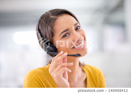 Smile, phone call and portrait of woman with headset, help desk and callcenter at crm office. Proud, happy or professional consultant with job in telemarketing, customer service and online support. Smile, phone call and portrait of woman with headset, help desk and callcenter at crm office. Proud, happy or professional consultant with job in telemarketing, customer service and online support. 140408412