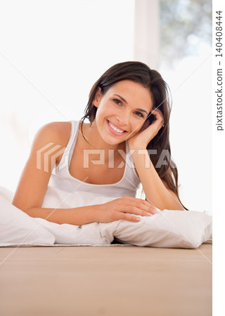 Happy, woman and portrait to relax in bed, rest and calm on morning in home. Female person, wake up and ready for start of weekend in apartment, comfortable and peace or lazy for wellness in bedroom Happy, woman and portrait to relax in bed, rest and calm on morning in home. Female person, wake up and ready for start of weekend in apartment, comfortable and peace or lazy for wellness in bedroom 140408444