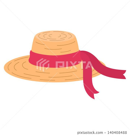 straw hat with red ribbon, flat illustration straw hat with red ribbon, flat illustration 140408488