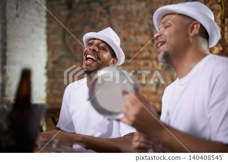 Happy man, band and percussion with music for performance, audition or singing at musical event. Male person or group of musicians playing instruments for sound or fun local entertainment at concert Happy man, band and percussion with music for performance, audition or singing at musical event. Male person or group of musicians playing instruments for sound or fun local entertainment at concert 140408545