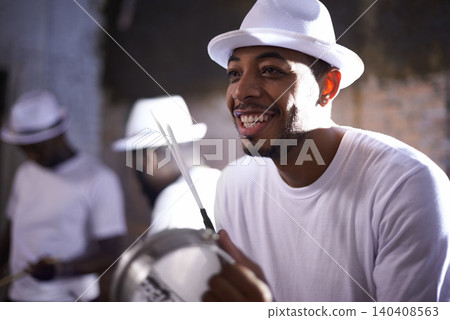 Live music, smile and man with percussion instrument and band mates on stage in South Africa. Happy black person, drummer and musician for playing, singing and dancing in night club performance 140408563