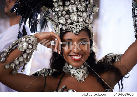 Happy woman, portrait and samba dancer at festival with fashion for performance at carnival or concert. Face of Brazilian female person or exotic performer with smile for dancing or party in Rio 140408606