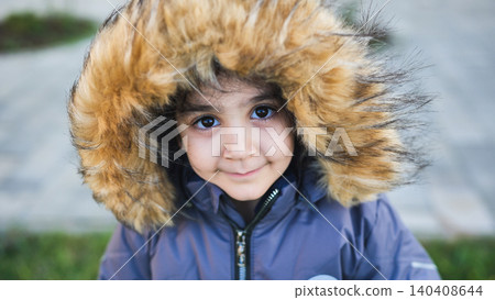 Young child wearing a warm hooded winter coat smiling at camera outdoors 140408644