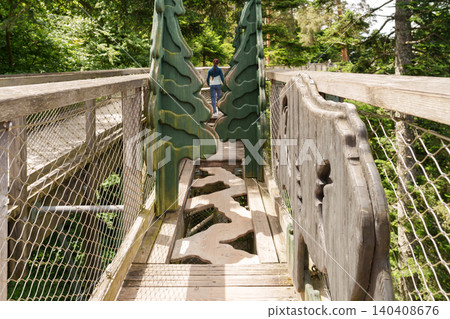 Person walking on treetop walkway in forest Person walking on treetop walkway in forest 140408676