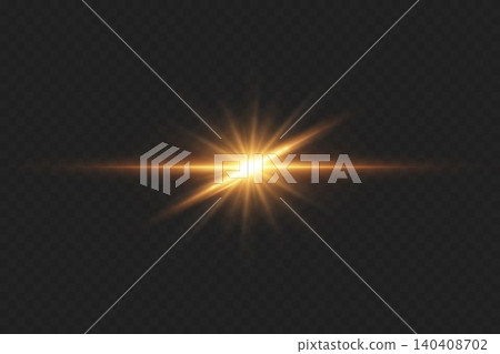 Golden light creating a horizontal flare line and starburst effect on transparent background Golden light creating a horizontal flare line and starburst effect on transparent background 140408702