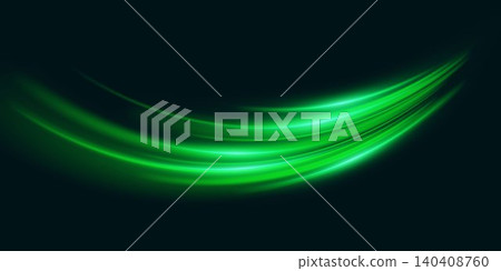 Abstract green light trails creating a dynamic motion effect on a dark background Abstract green light trails creating a dynamic motion effect on a dark background 140408760