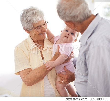 Grandparents, baby and family for love and bonding, happy old people at home and connect with infant for relationship. Pride, positive and care with retirement and newborn for joy and fun together Grandparents, baby and family for love and bonding, happy old people at home and connect with infant for relationship. Pride, positive and care with retirement and newborn for joy and fun together 140409000