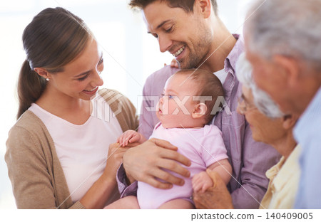 Family, grandparents and parents with baby for happiness at home, people bonding with love and relationship. Support, trust and smile for pride with generations, childhood and connect with infant 140409005