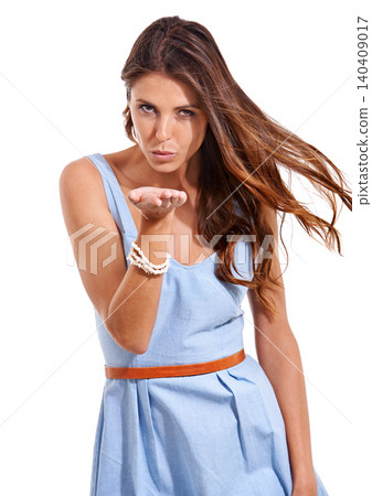Woman, portrait and blow kiss in studio with fashion, style and love or romance on a white background. Young person or model with emoji or gesture for valentines day in a dress, clothes and wind Woman, portrait and blow kiss in studio with fashion, style and love or romance on a white background. Young person or model with emoji or gesture for valentines day in a dress, clothes and wind 140409017