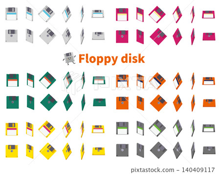 A collection of retro-pop floppy disk illustrations in various angles and colors. A collection of retro-pop floppy disk illustrations in various angles and colors. 140409117