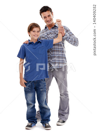 Happy, muscle and portrait of father with child on a white background for bonding, relationship and love. Family, parent and dad playing, embrace and smile with son for support, care or fun in studio Happy, muscle and portrait of father with child on a white background for bonding, relationship and love. Family, parent and dad playing, embrace and smile with son for support, care or fun in studio 140409282