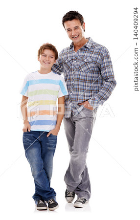 Happy father, portrait and hug with kid in fashion for family or bonding on a white studio background. Dad, son or child with smile in casual clothing, support or trust for parenthood or childhood Happy father, portrait and hug with kid in fashion for family or bonding on a white studio background. Dad, son or child with smile in casual clothing, support or trust for parenthood or childhood 140409294
