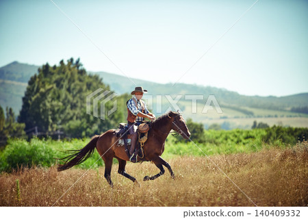 Cowboy, fast and man riding horse with saddle on field in countryside for equestrian or training. Nature, summer and speed with mature horseback rider on blue sky at ranch outdoor in rural Texas 140409332