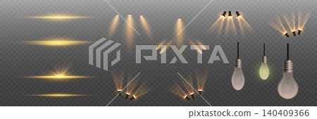 Collection of transparent lens flares, spotlights, and hanging light sources creating illumination effects Collection of transparent lens flares, spotlights, and hanging light sources creating illumination effects 140409366