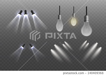 Set of various illuminating spotlights and hanging light bulbs on transparent background Set of various illuminating spotlights and hanging light bulbs on transparent background 140409368