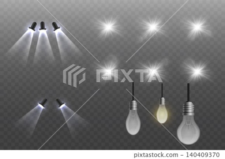 Set of spotlights, lens flares, and light bulbs providing illumination Set of spotlights, lens flares, and light bulbs providing illumination 140409370