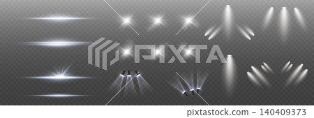 Set of glowing light effects, lens flares, sparkles, and spotlights on transparent background Set of glowing light effects, lens flares, sparkles, and spotlights on transparent background 140409373