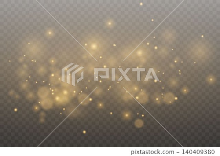 Golden glowing light particles creating a bokeh and sparkling effect on transparent background Golden glowing light particles creating a bokeh and sparkling effect on transparent background 140409380