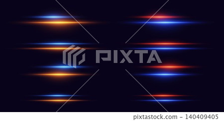 Horizontal glowing lines creating speed, technology, and energy light effect against dark background Horizontal glowing lines creating speed, technology, and energy light effect against dark background 140409405