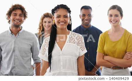 Business people, portrait and smile with teamwork in studio for recruitment, onboarding and hiring process with pride. Collaboration, professional workers and face with diversity on white background Business people, portrait and smile with teamwork in studio for recruitment, onboarding and hiring process with pride. Collaboration, professional workers and face with diversity on white background 140409429