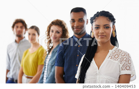 Portrait, diversity and group recruitment in row, potential and employees by white background. Internship, interview and job search for candidates, human resources and development for applicants Portrait, diversity and group recruitment in row, potential and employees by white background. Internship, interview and job search for candidates, human resources and development for applicants 140409453
