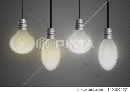 Hanging electric bulbs illuminating, representing innovation and energy on transparent background Hanging electric bulbs illuminating, representing innovation and energy on transparent background 140409467