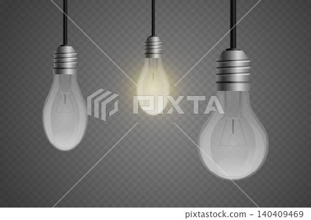 Light bulbs hanging against a transparent background, one glowing, symbolizing innovation 140409469