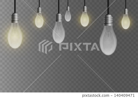 Group of hanging light bulbs, some illuminating, some unlit, concept of ideas 140409471