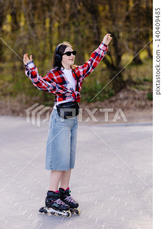 Young stylish girl enjoying music while roller skating in park Young stylish girl enjoying music while roller skating in park 140409485