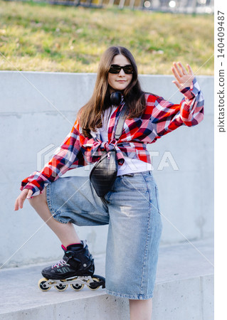 Stylish teenager waving while posing with inline skates in an urban setting Stylish teenager waving while posing with inline skates in an urban setting 140409487
