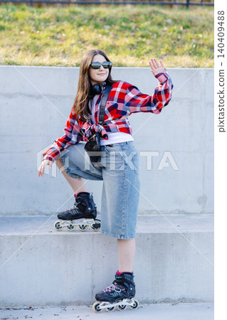 Stylish teenager waving while posing with inline skates in an urban setting Stylish teenager waving while posing with inline skates in an urban setting 140409488
