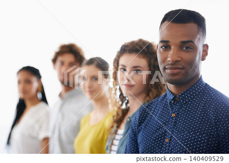 Recruitment, diversity and portrait of group, line and wait for interview on white background. Male person, candidates and job hiring for internship, staff or potential career for businesspeople Recruitment, diversity and portrait of group, line and wait for interview on white background. Male person, candidates and job hiring for internship, staff or potential career for businesspeople 140409529