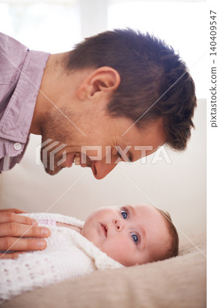 Father, playing and newborn baby on bed with love, support and care for family, paternity and bonding. Excited dad, man or parent with his child or kid for development, growth and nurture at home Father, playing and newborn baby on bed with love, support and care for family, paternity and bonding. Excited dad, man or parent with his child or kid for development, growth and nurture at home 140409547