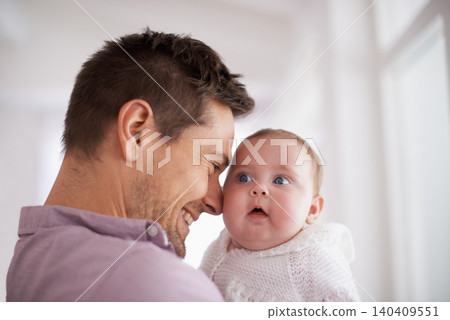 Love, father and baby with smile in home for bonding, comfort or playing together for healthy development. Family, man and newborn child with embrace, happy and relax for parenting, care and security 140409551