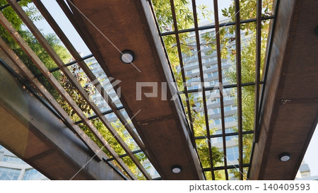 Urban pergola blending nature and architecture, green foliage framing city skyscraper Urban pergola blending nature and architecture, green foliage framing city skyscraper 140409593